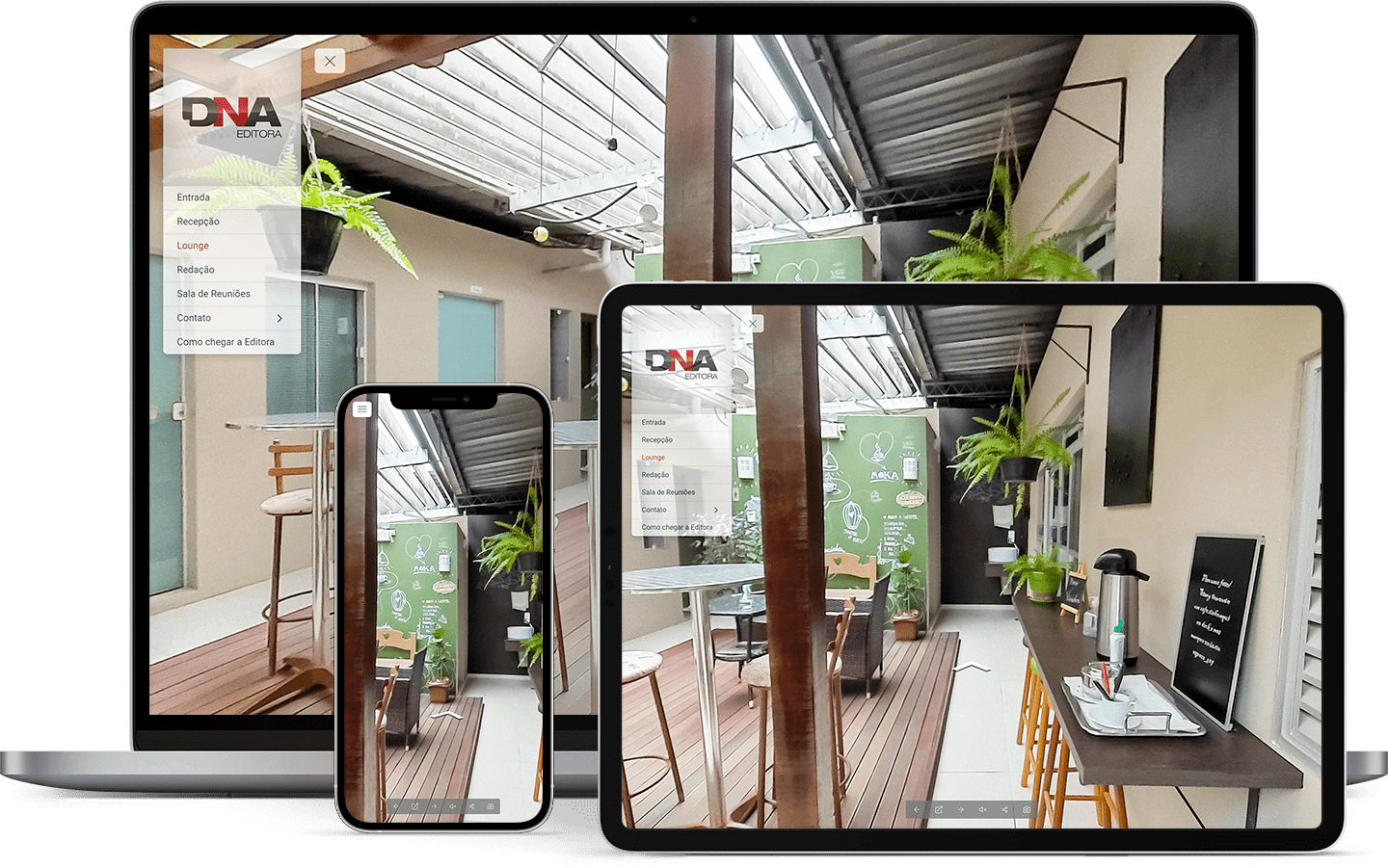 Diversos dispositivos exibindo um tour virtual 360º em sua tela