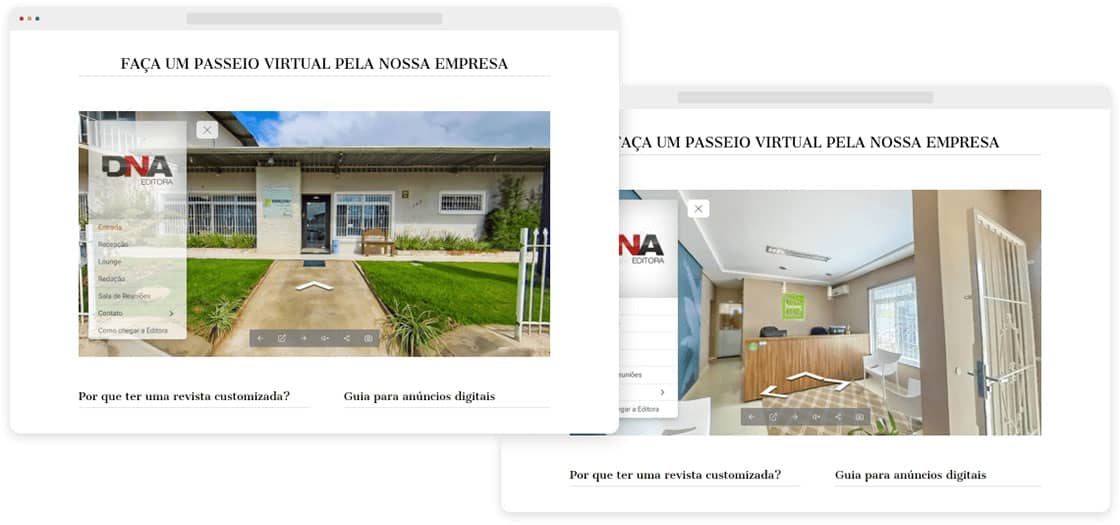 Duas telas do navegador exibindo um tour virtual embutido em outro site
