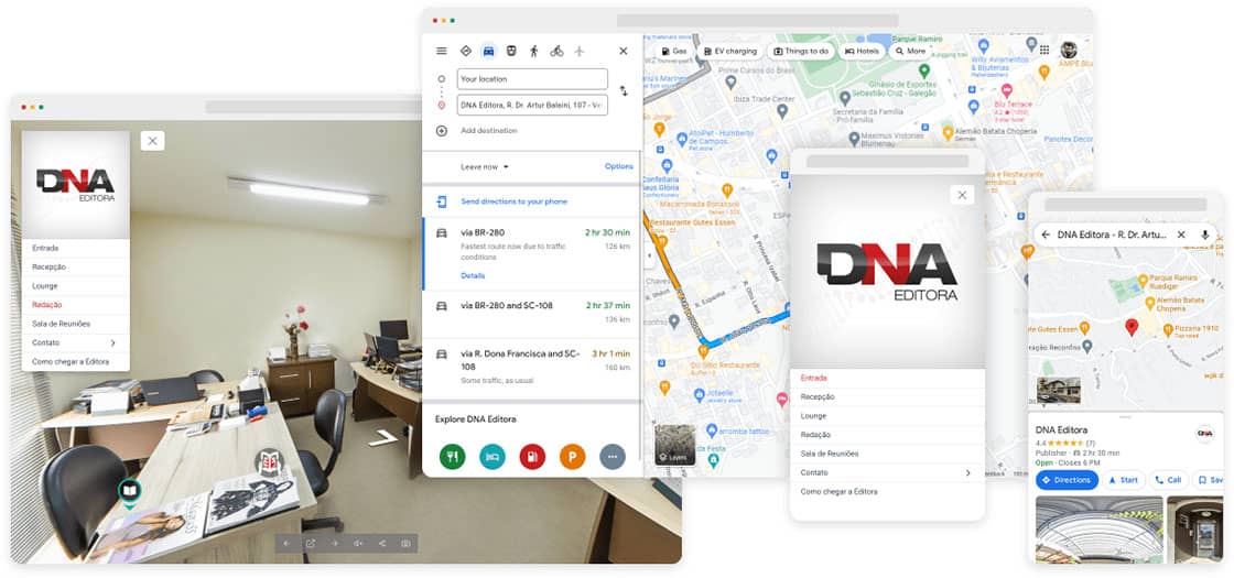 Quatro telas do navegador exibindo tour virtuais e mapa no Google Maps